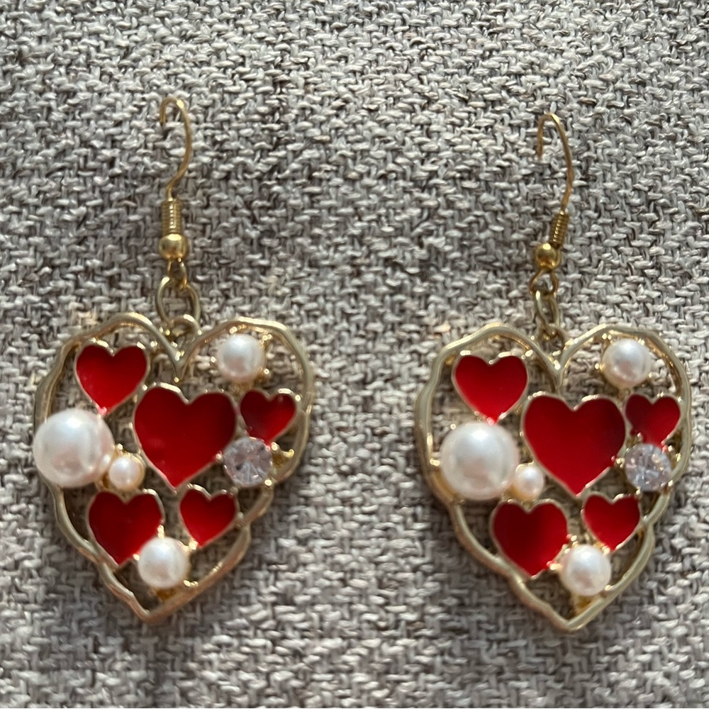 Beautiful Heart shape earrings with pearls, red enamel and rhinestone setting.